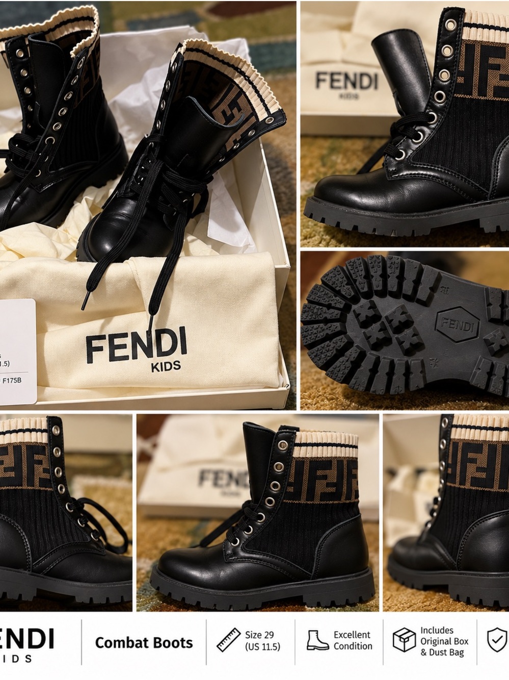 Fendi Black Leather Combat Boots with Beige FF Knit Cuff